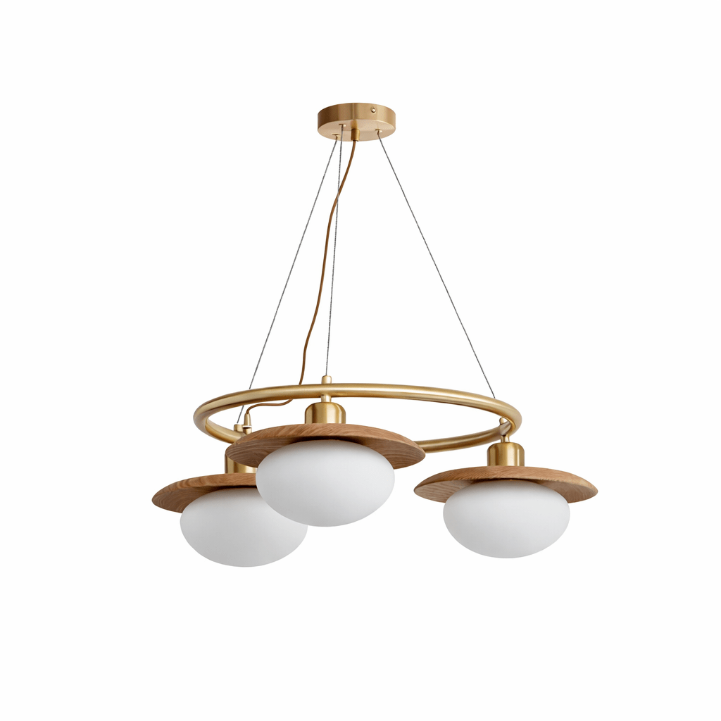 Japandi Chandelier With Brass Accents And Opal Glass Globes Adjustable Height