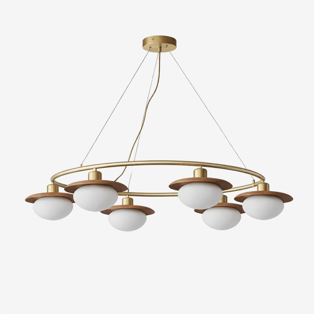 Japandi Chandelier With Brass Accents And Opal Glass Globes Adjustable Height