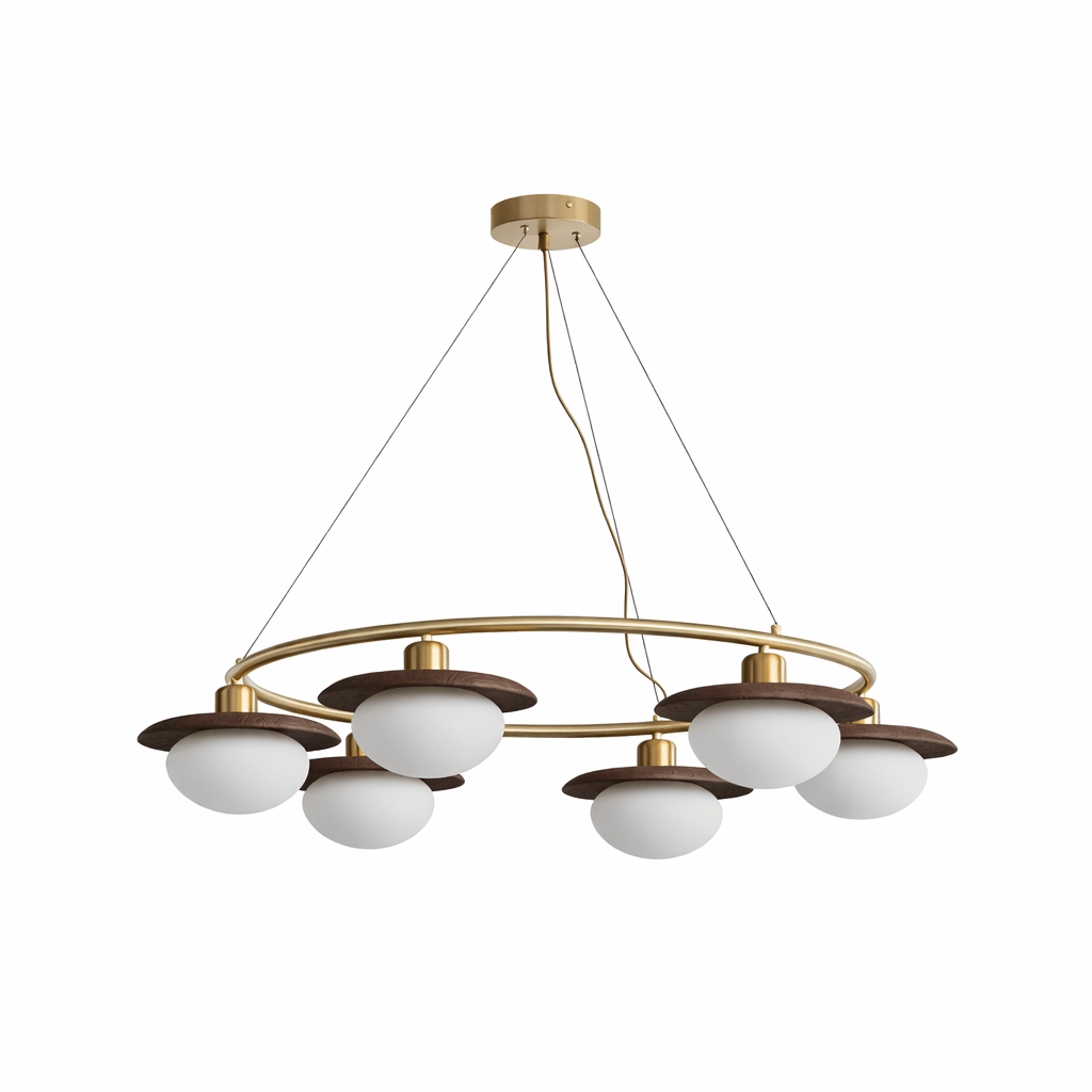Japandi Chandelier With Brass Accents And Opal Glass Globes Adjustable Height
