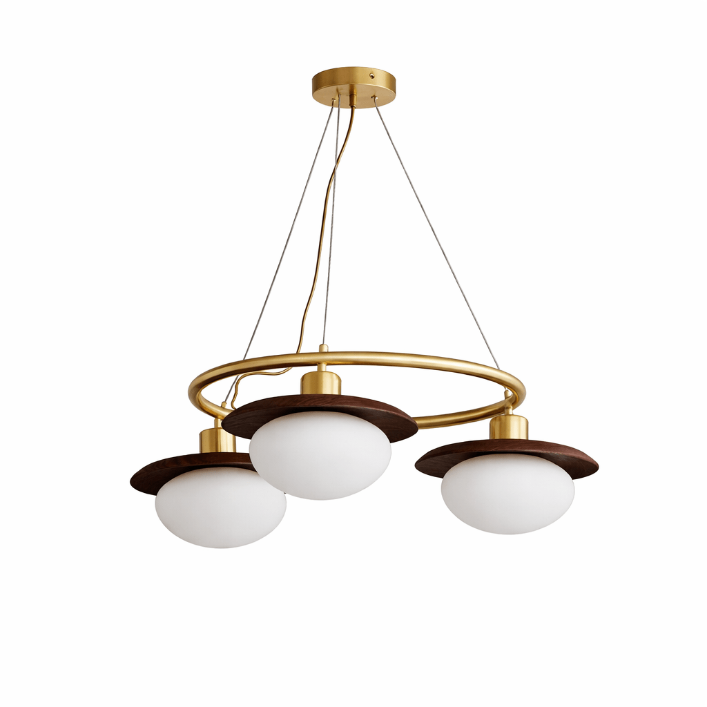 Japandi Chandelier With Brass Accents And Opal Glass Globes Adjustable Height
