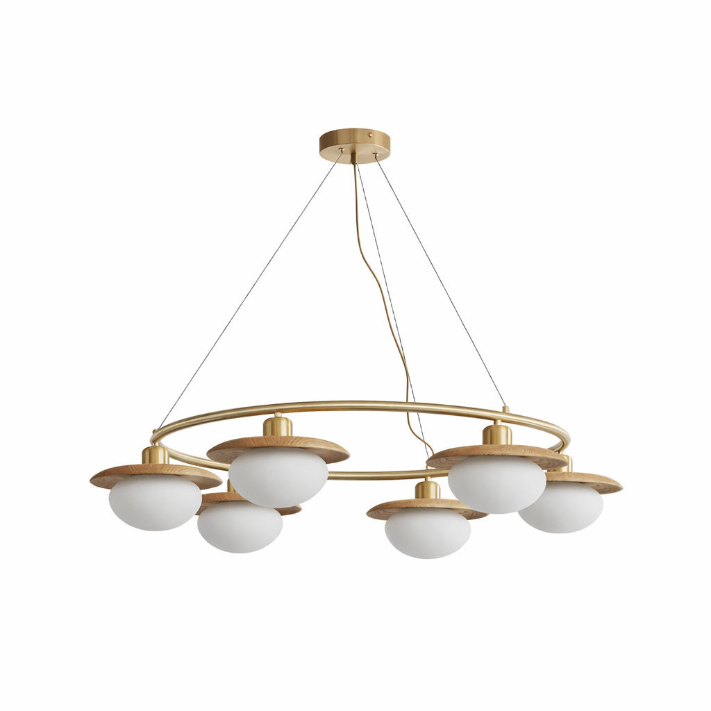 Japandi Chandelier With Brass Accents And Opal Glass Globes Adjustable Height
