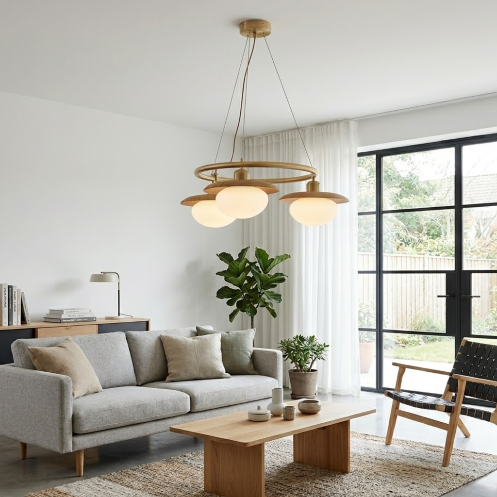 Japandi Chandelier With Brass Accents And Opal Glass Globes Adjustable Height