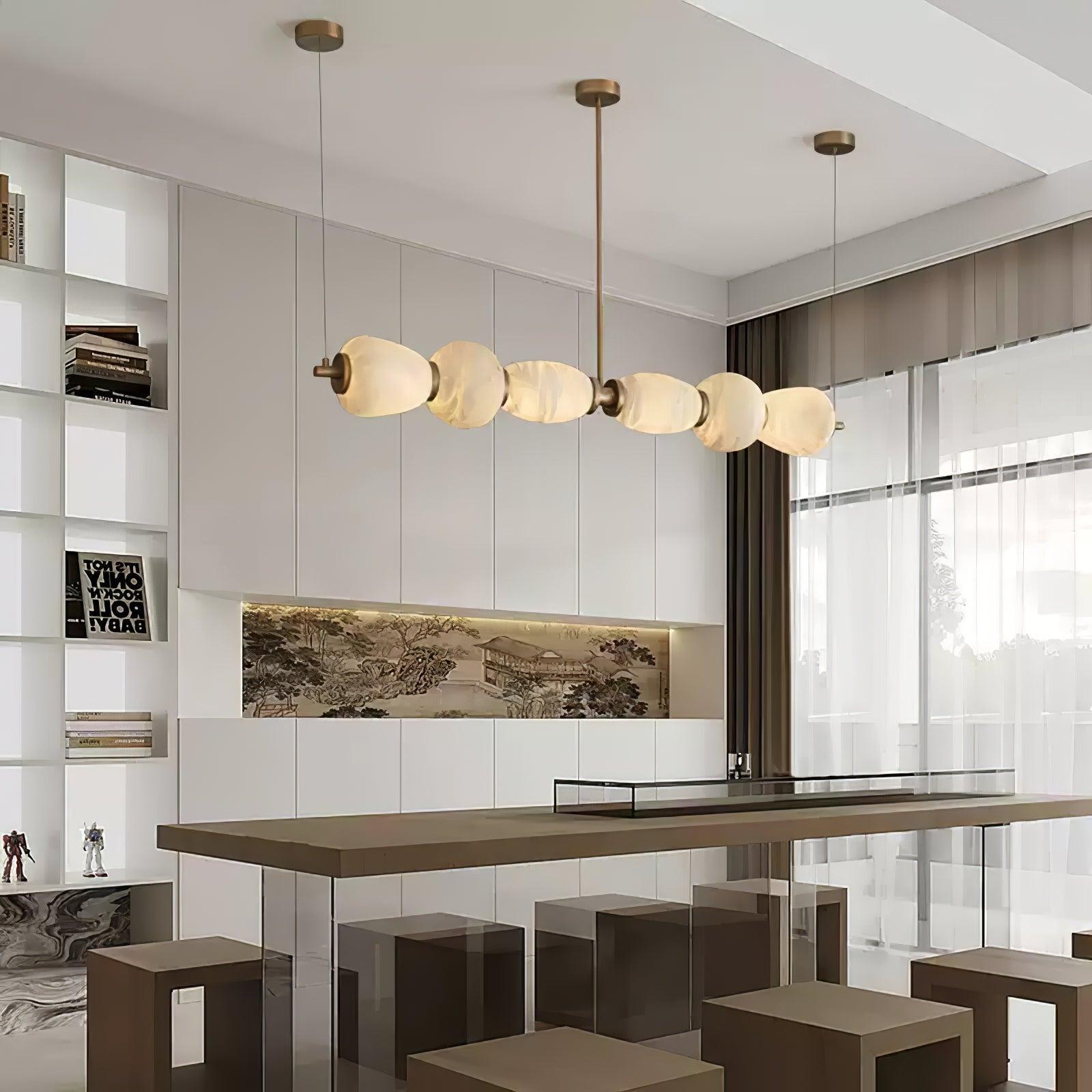 Japandi Style Chandelier With Alabaster Shades Adjustable Height Gold