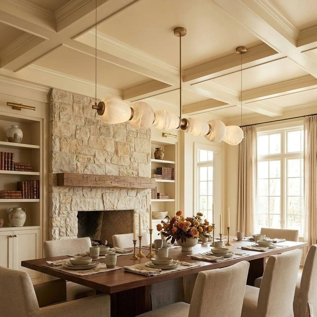 Japandi Style Chandelier With Alabaster Shades Adjustable Height Gold