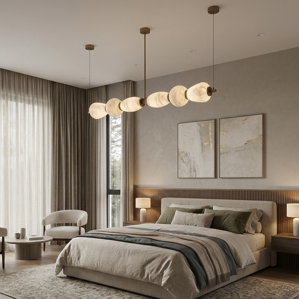 Japandi Style Chandelier With Alabaster Shades Adjustable Height Gold