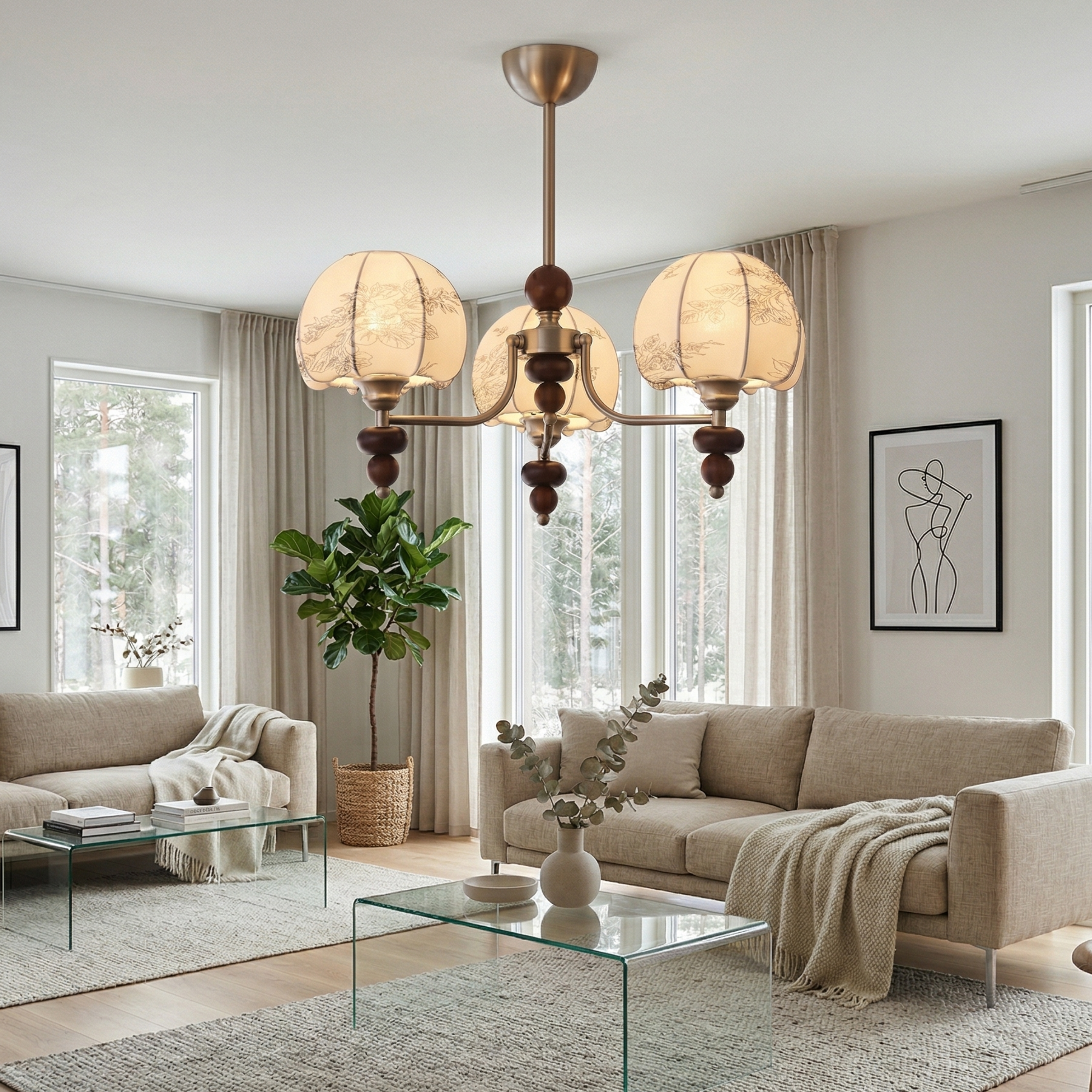 Japandi Style Chandelier With Fabric And Metal Frame And Adjustable Height