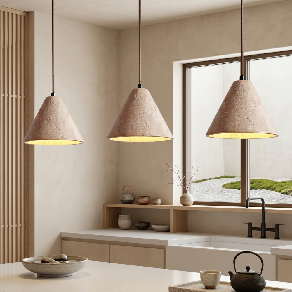 Lámpara colgante estilo Japandi con travertino tejido y altura ajustable