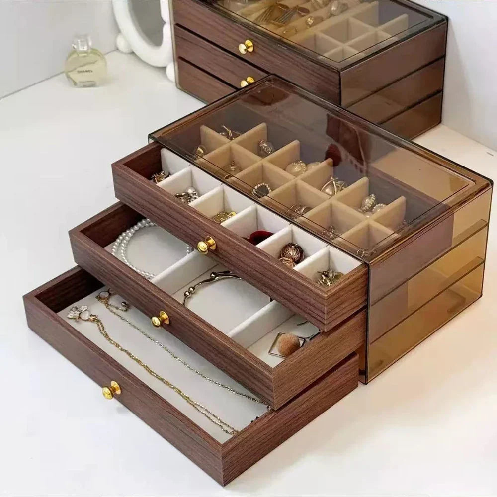 Tiered Jewelry Organizer Box — Sectioned Display Case, Pull-Out Drawer