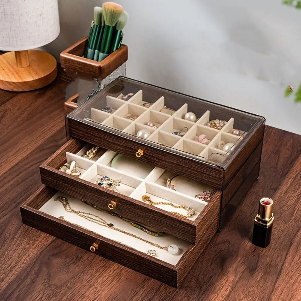 Tiered Jewelry Organizer Box — Sectioned Display Case, Pull-Out Drawer