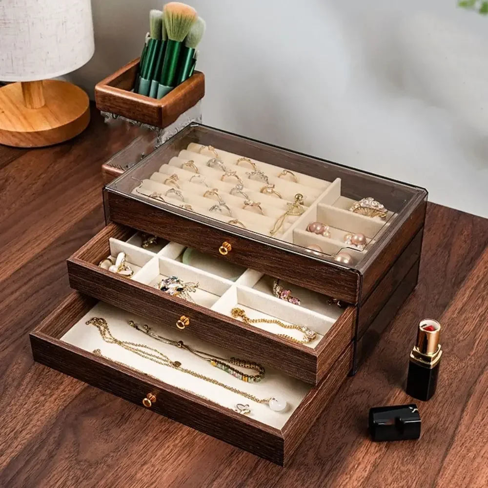 Tiered Jewelry Organizer Box — Sectioned Display Case, Pull-Out Drawer