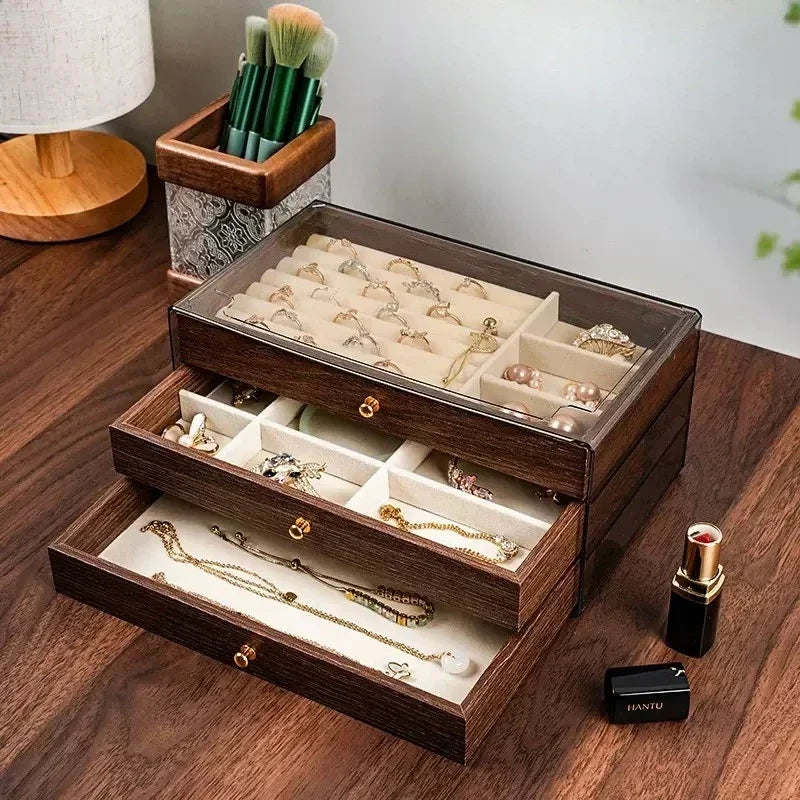 Tiered Jewelry Organizer Box — Sectioned Display Case, Pull-Out Drawer