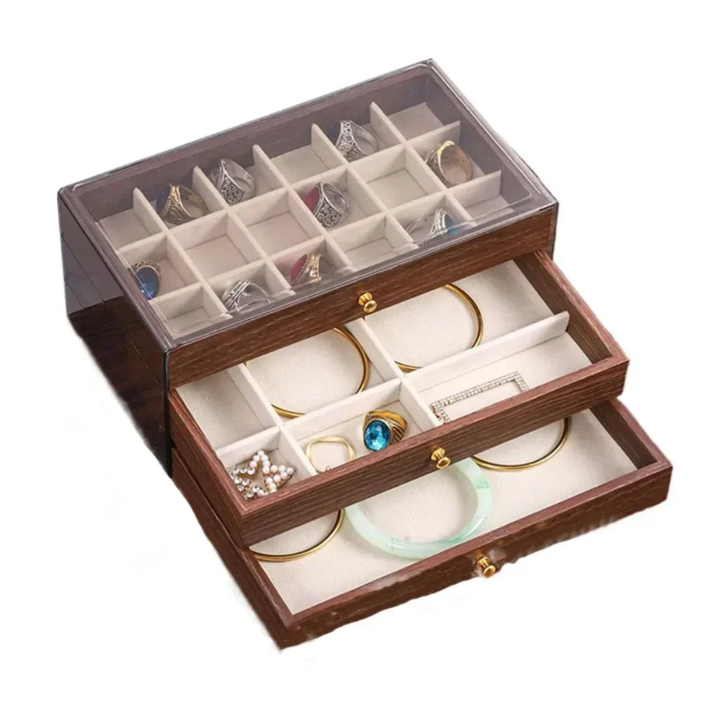 Tiered Jewelry Organizer Box — Sectioned Display Case, Pull-Out Drawer