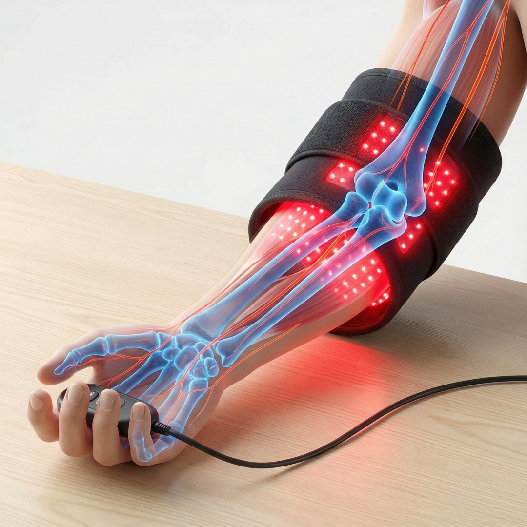 Opaska łokciowa łagodząca ból stawów — terapia światłem czerwonym 660nm i bliską podczerwienią 850nm