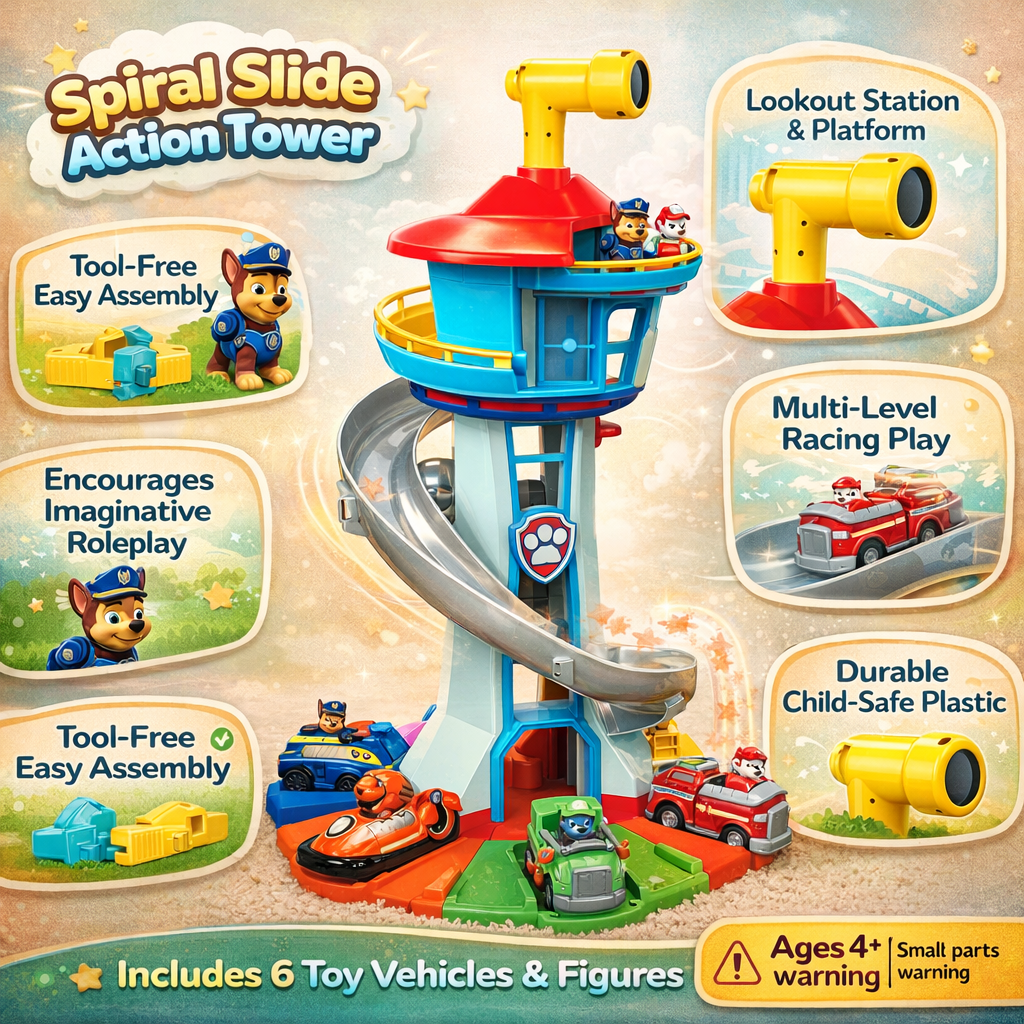 Compact Kids Playset — Slide Tower, Toy Cars, 52cm Tall, 42cm Wide Base