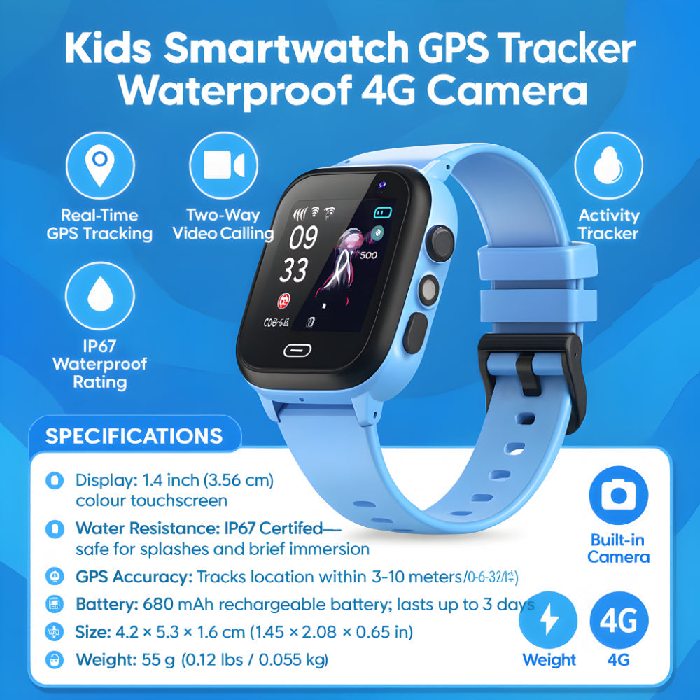 Smartwatch GPS per bambini 4G con localizzatore, fotocamera, touchscreen IP67 e monitoraggio attività | Meowbutter