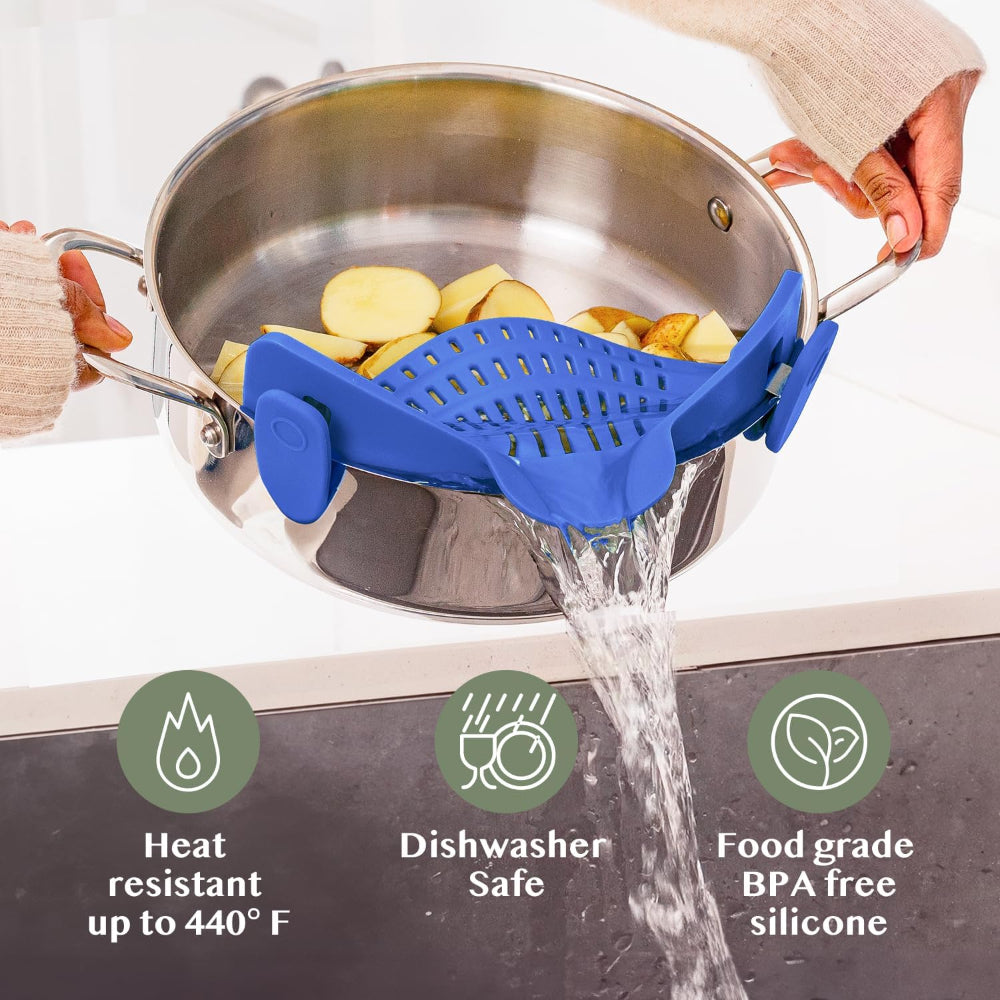 Silicone Clip-On Pot Strainer — Cookware Drain Clamp