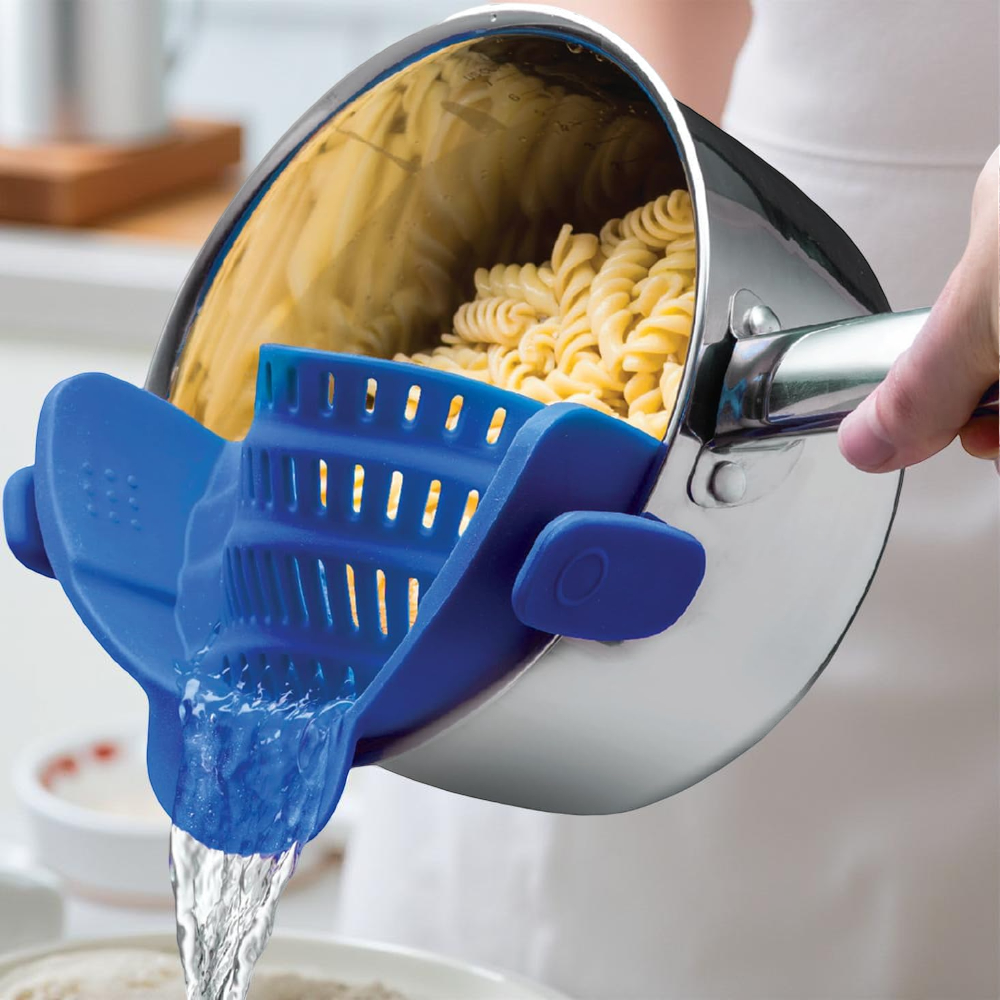 Silicone Clip-On Pot Strainer — Cookware Drain Clamp