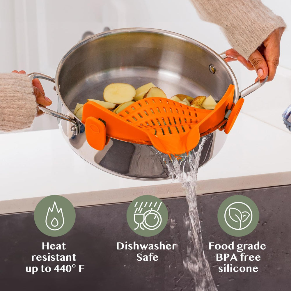 Silicone Clip-On Pot Strainer — Cookware Drain Clamp