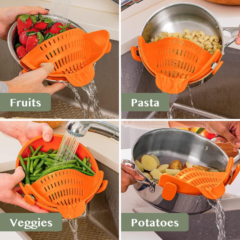 Silicone Clip-On Pot Strainer — Cookware Drain Clamp