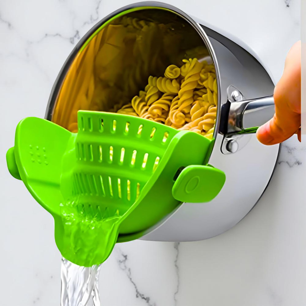 Silicone Clip-On Pot Strainer — Cookware Drain Clamp