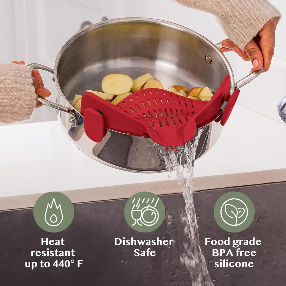 Silicone Clip-On Pot Strainer — Cookware Drain Clamp