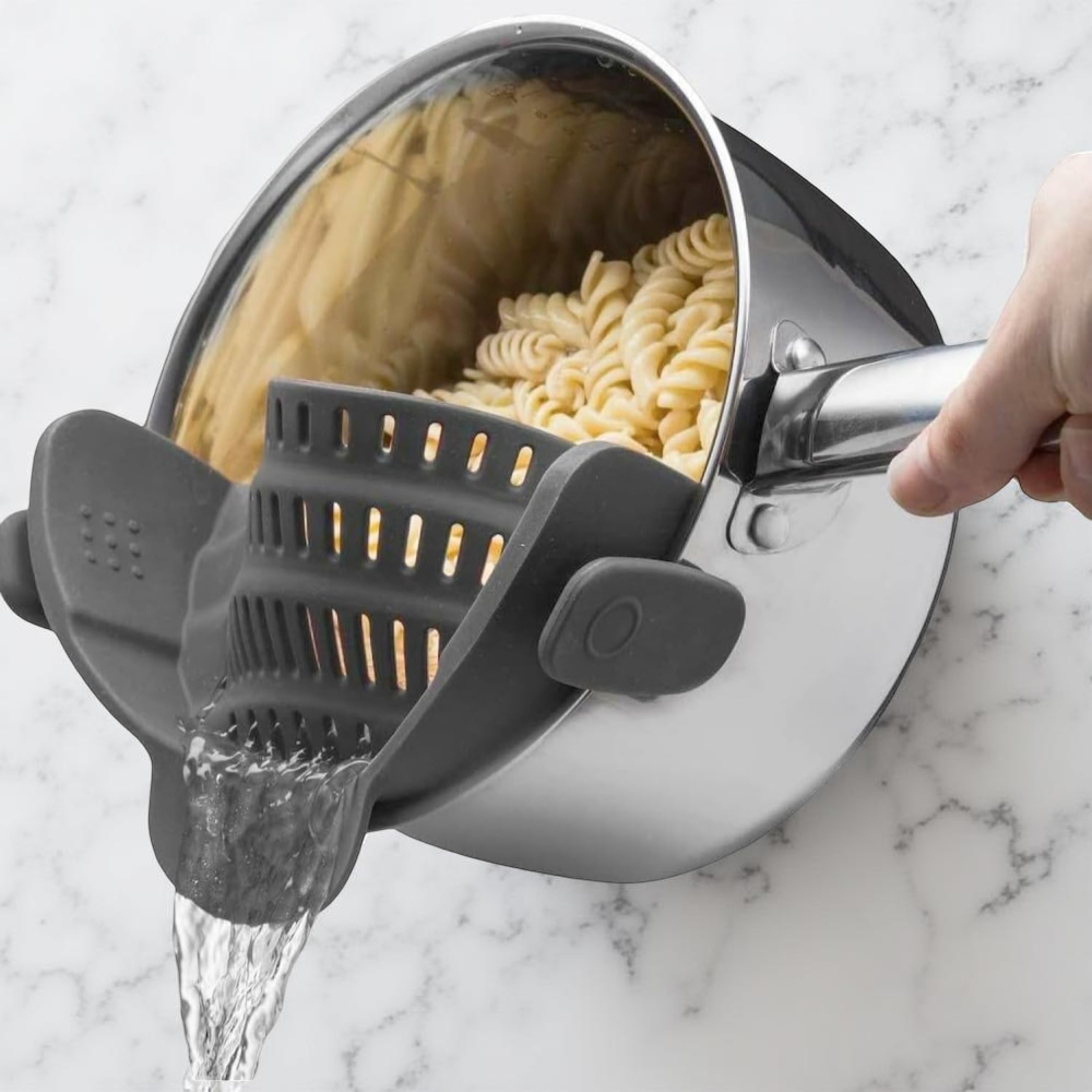 Silicone Clip-On Pot Strainer — Cookware Drain Clamp