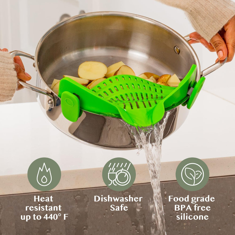Silicone Clip-On Pot Strainer — Cookware Drain Clamp