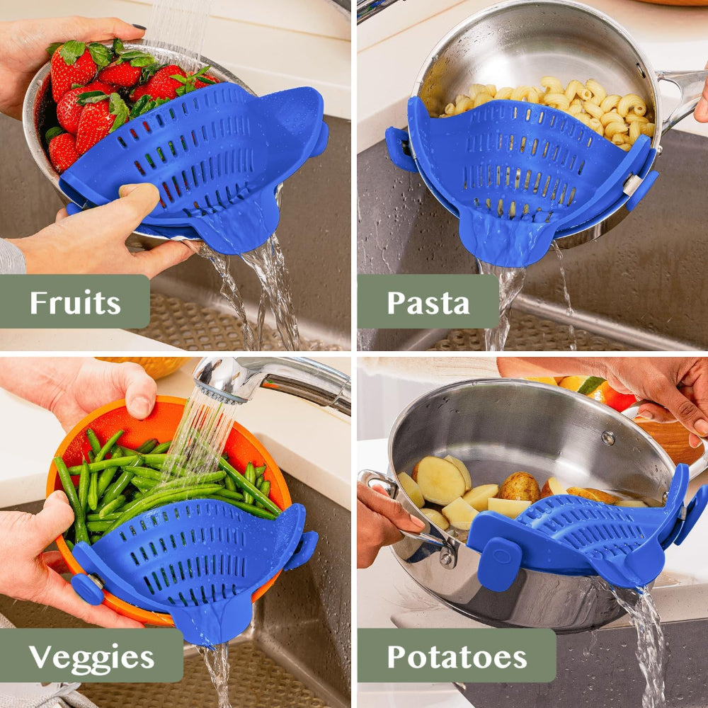 Silicone Clip-On Pot Strainer — Cookware Drain Clamp