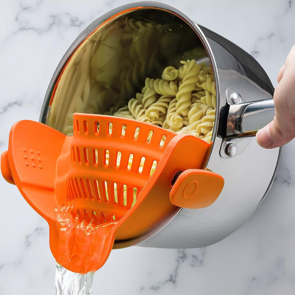 Silicone Clip-On Pot Strainer — Cookware Drain Clamp