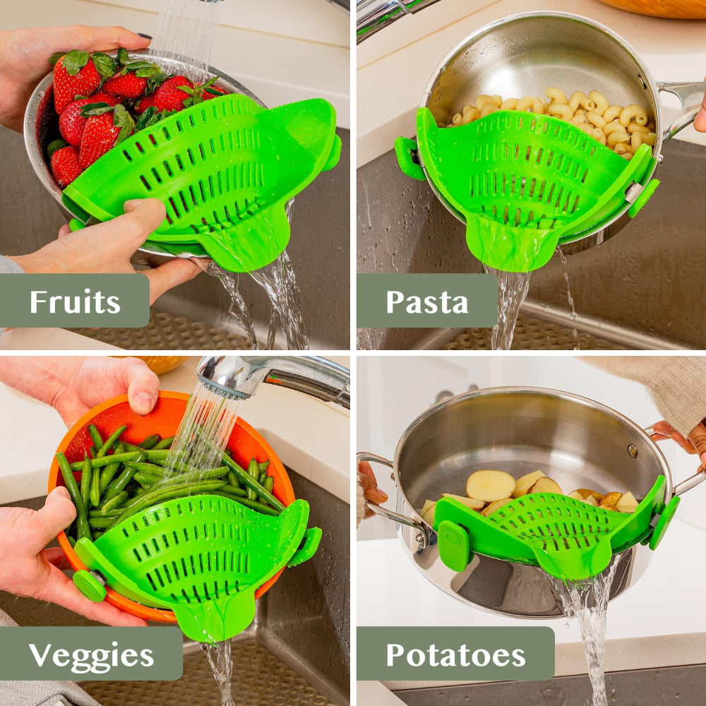 Silicone Clip-On Pot Strainer — Cookware Drain Clamp