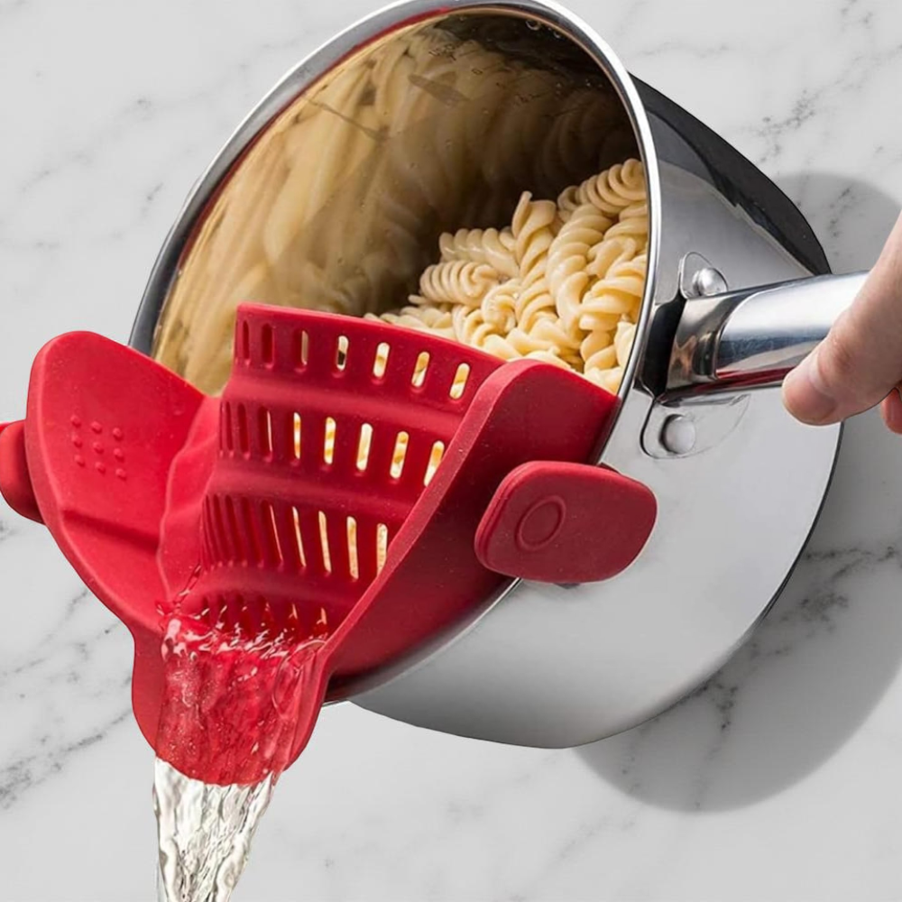 Silicone Clip-On Pot Strainer — Cookware Drain Clamp