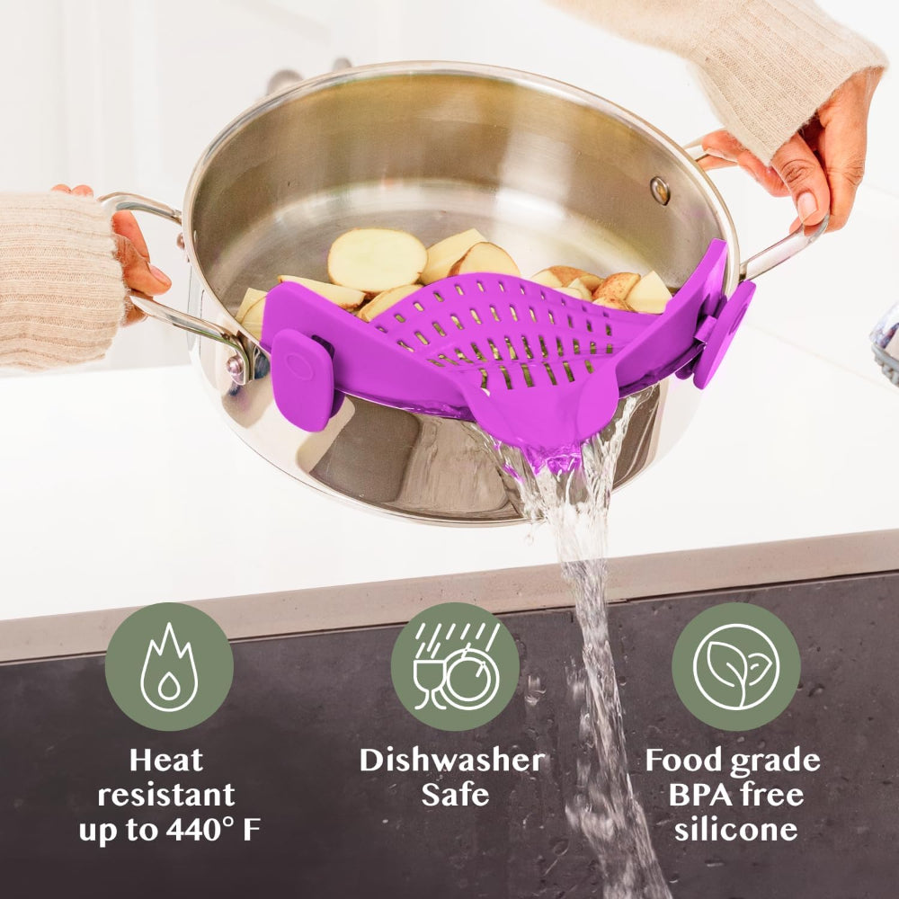 Silicone Clip-On Pot Strainer — Cookware Drain Clamp