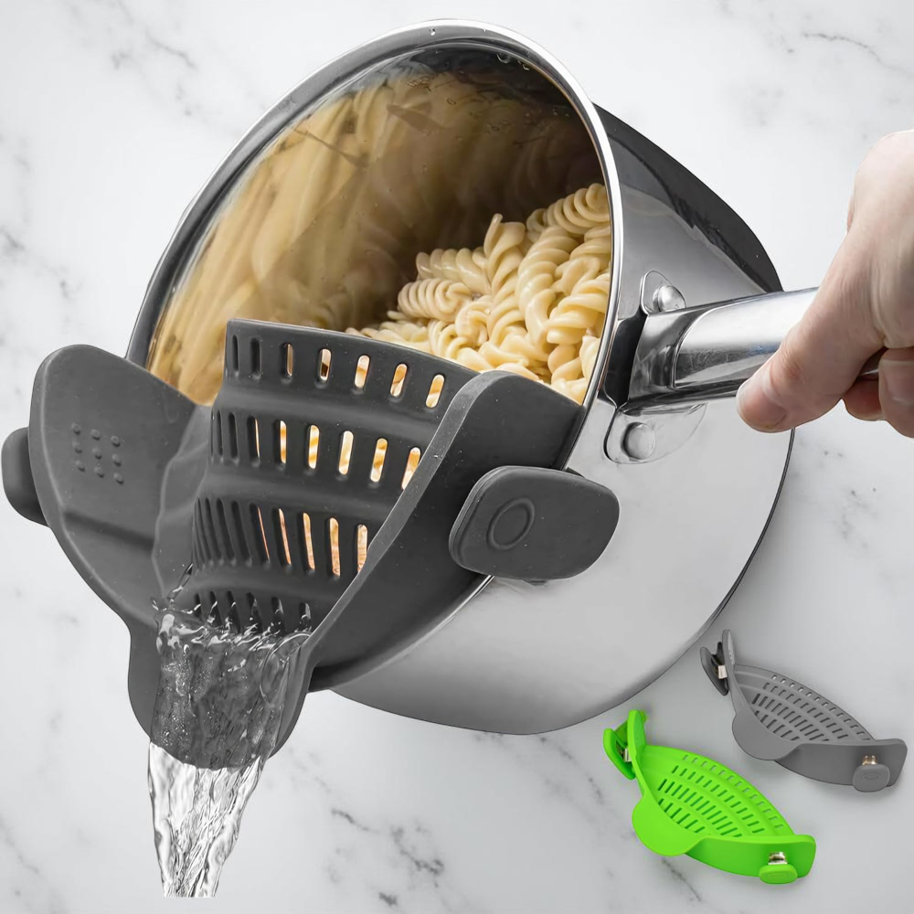 Silicone Clip-On Pot Strainer — Cookware Drain Clamp
