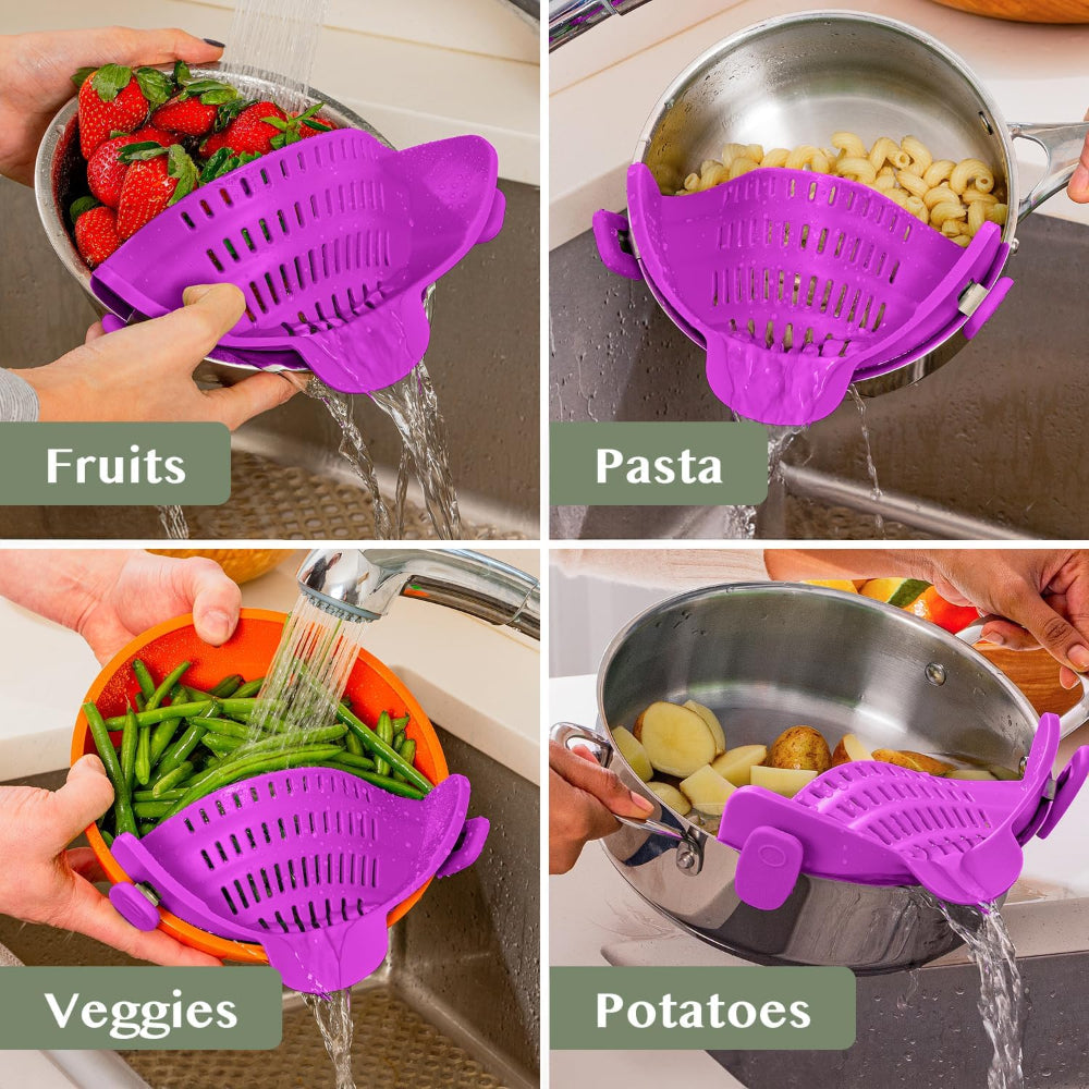 Silicone Clip-On Pot Strainer — Cookware Drain Clamp