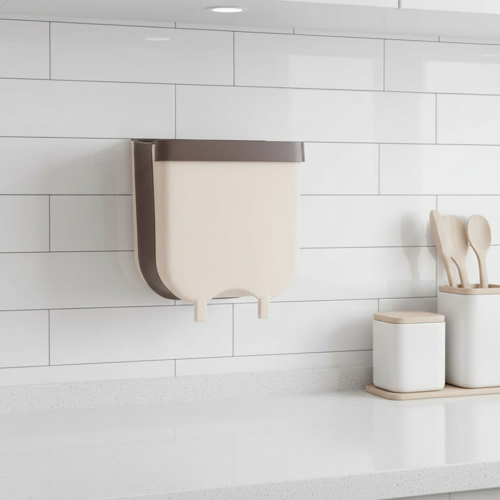 Foldable Plastic Trash Bin — White Cabinet Door Mount