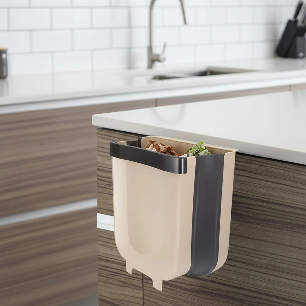 Foldable Plastic Trash Bin — White Cabinet Door Mount