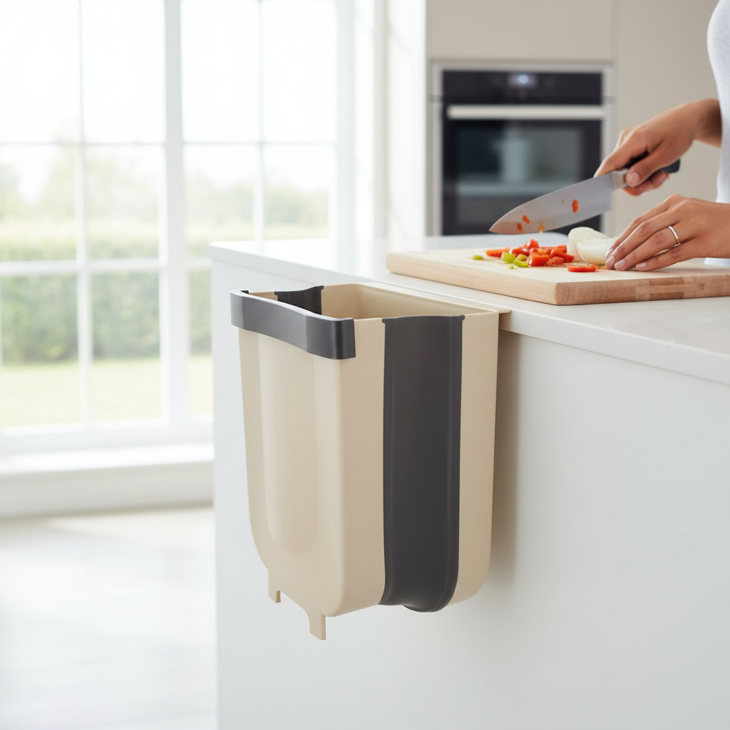 Foldable Plastic Trash Bin — White Cabinet Door Mount