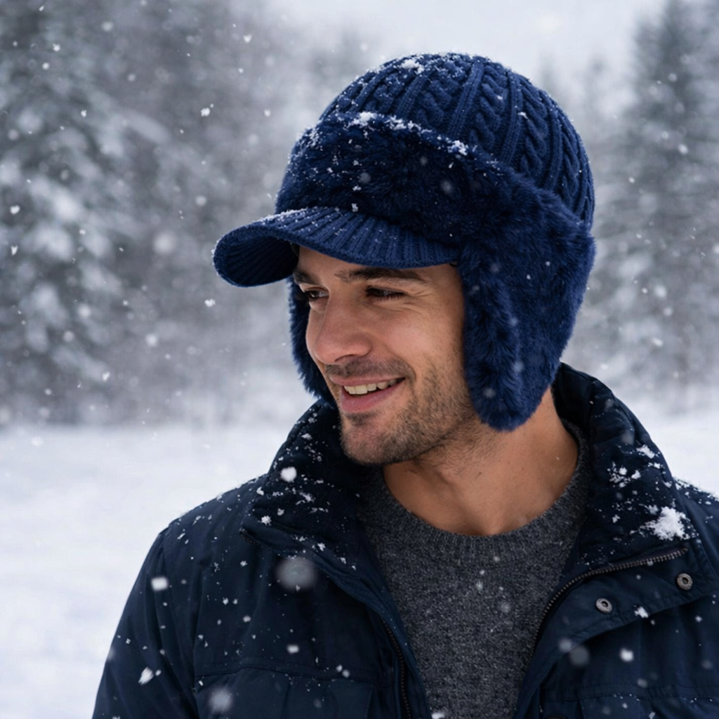 Insulated Knit Trapper Hat — Adjustable Ear Flaps, Front Visor, Non-Slip Fit