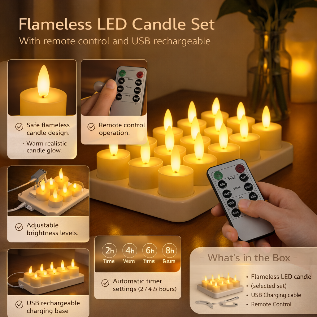 Flameless LED Candle Set — USB Rechargeable & Remote Timer