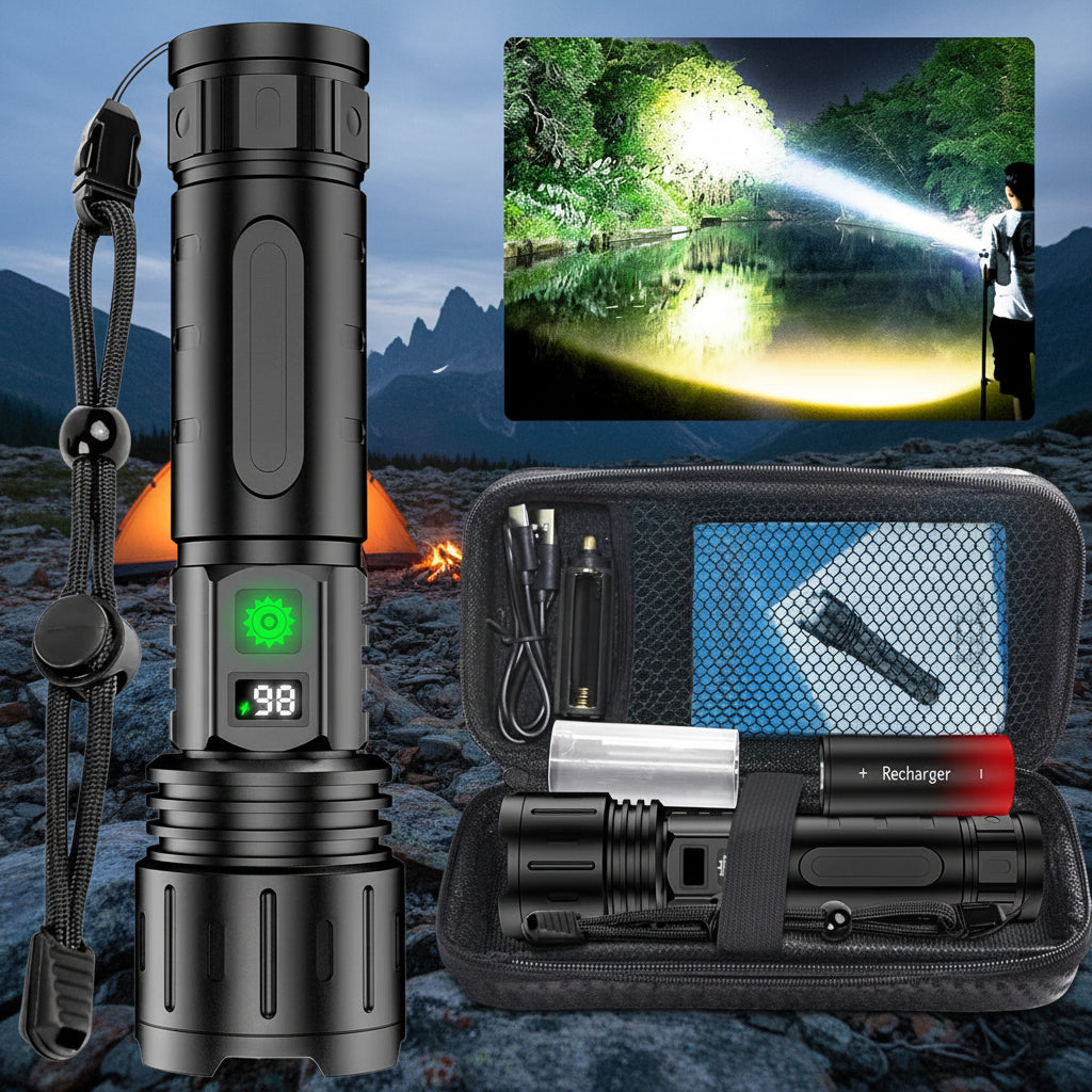 Aviation-Grade Aluminum Tactical Flashlight — Rechargeable LED, IPX5 Waterproof, 5000mAh Battery