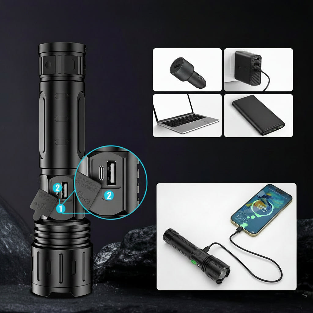 Aviation-Grade Aluminum Tactical Flashlight — Rechargeable LED, IPX5 Waterproof, 5000mAh Battery