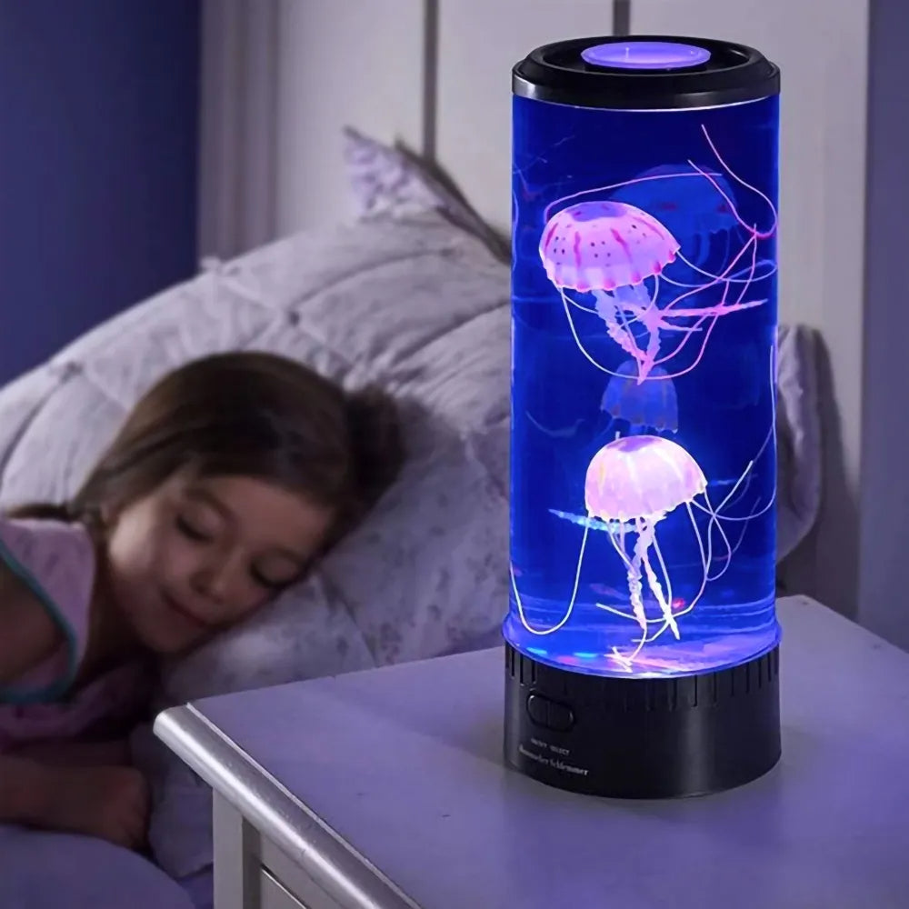 مصباح طاولة LED على شكل قنديل بحر — عرض ألوان، أسطوانة شفافة، ارتفاع 26cm وقطر 9cm
