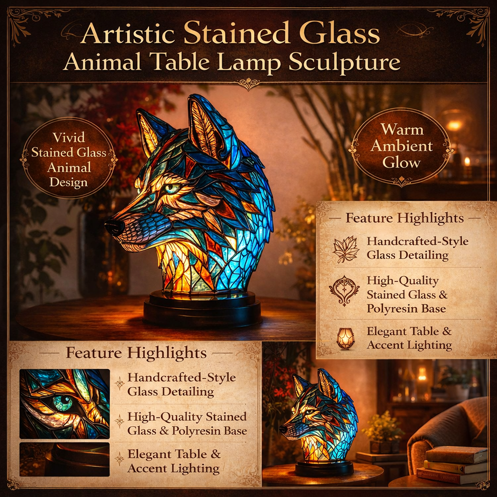 Stained Glass Animal Table Lamp — 17 cm Resin Sculpture