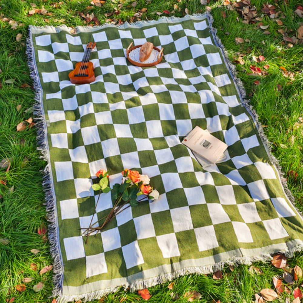 Picknickdecke - Kariert Mikrofaser - Fransenränder - 130 × 180 cm - Mitternacht, Rustikal & Wald | meowbutter