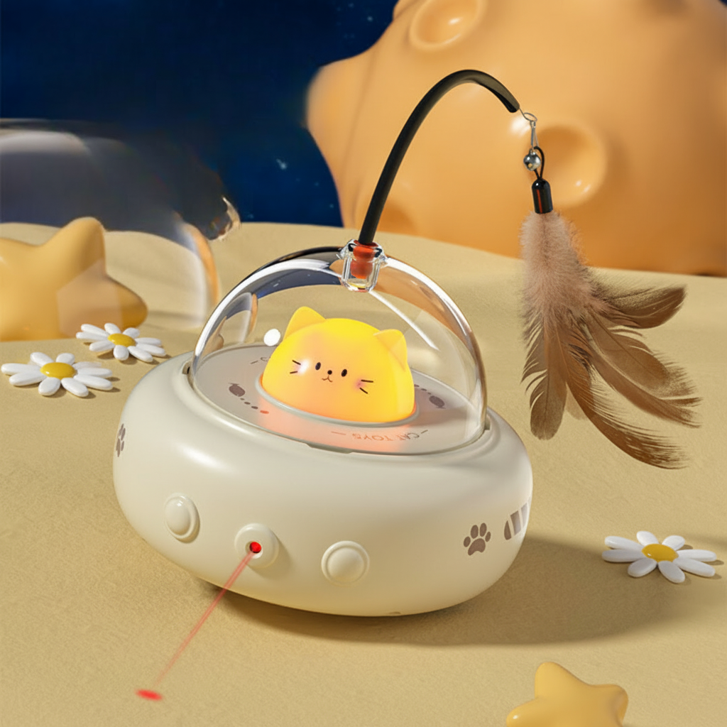Automatická laserová hračka pro kočky a udice s peříčky — kompaktní design UFO