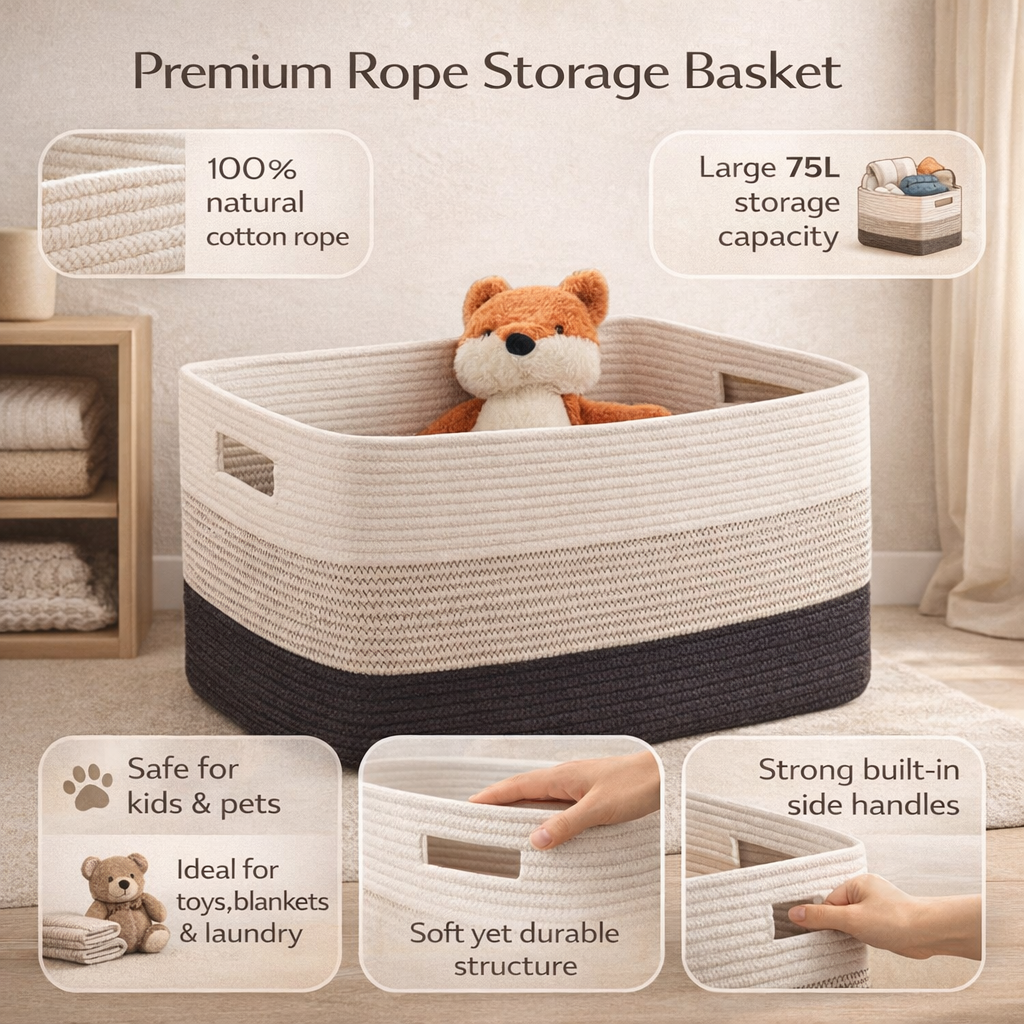 Large Rectangular Rope Laundry Basket — Dual Side Handles