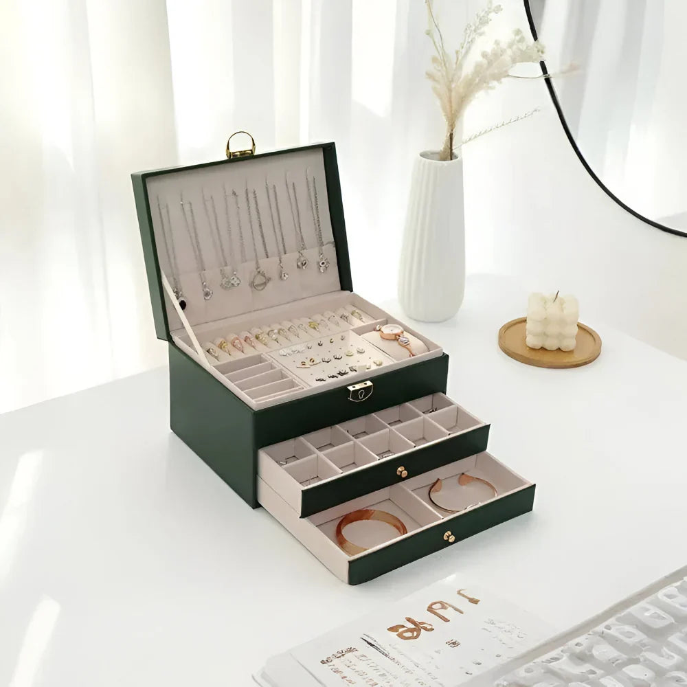 Organizator de bijuterii din piele, cu niveluri — Cutie de prezentare cu exterior texturat