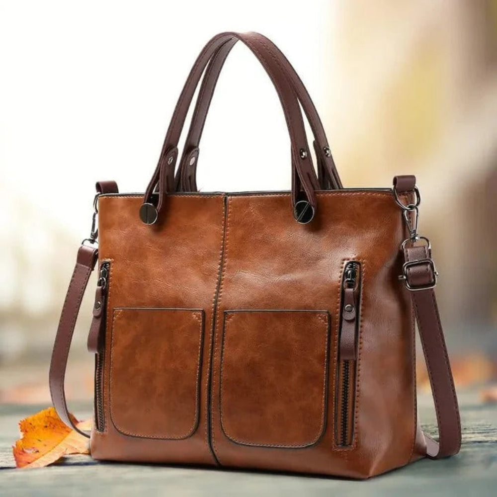 Women's Vintage Structured Tote Bag — Spacious, Integrated Pockets