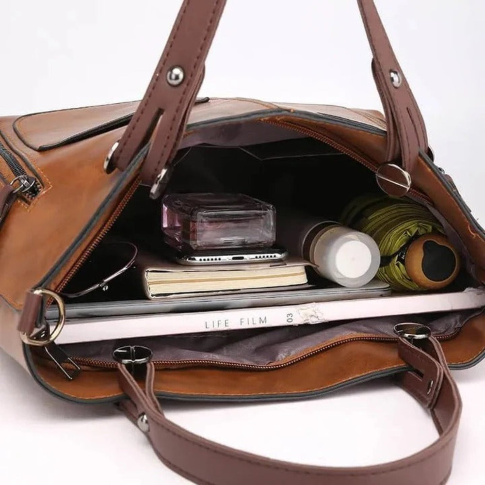 Women's Vintage Structured Tote Bag — Spacious, Integrated Pockets