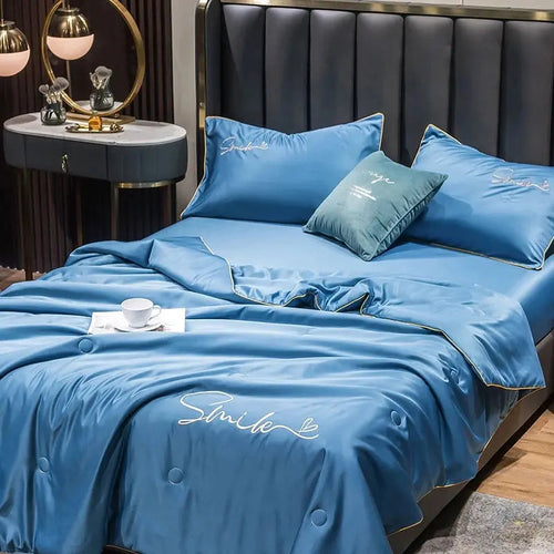 100% Washed Silk Quilt Set — Breathable Embroidered Design, Lightweight Construction
